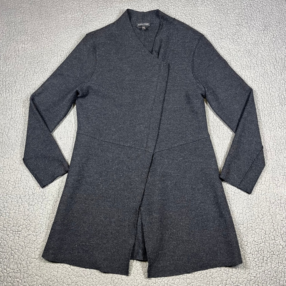 Eileen Fisher Cardigan Jacket Boiled Merino Wool Size Small Asymmetric Zip Gray